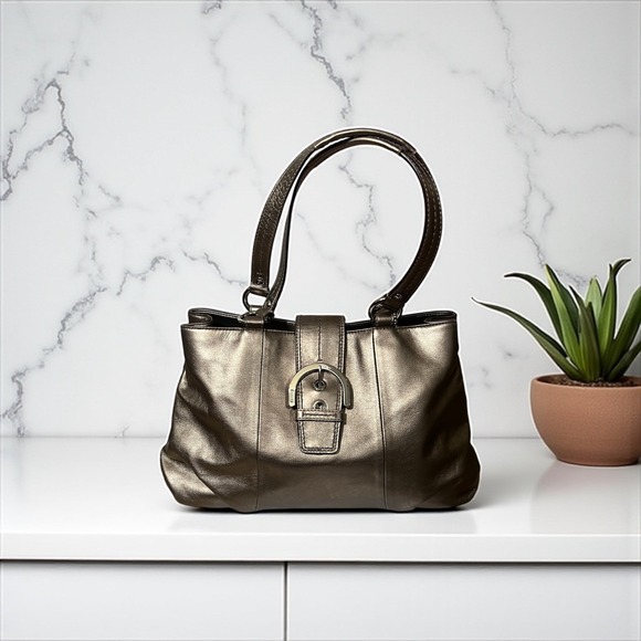 Coach Metallic Bronze Leather Buckle Shoulder Bag Satchel Handbag Purse - Picture 1 of 10